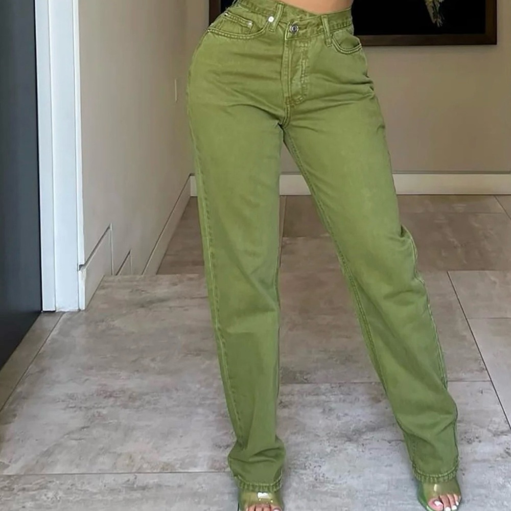 Fashion Nova Juniors Cross Over Olive Green Denim Jeans, Size 11